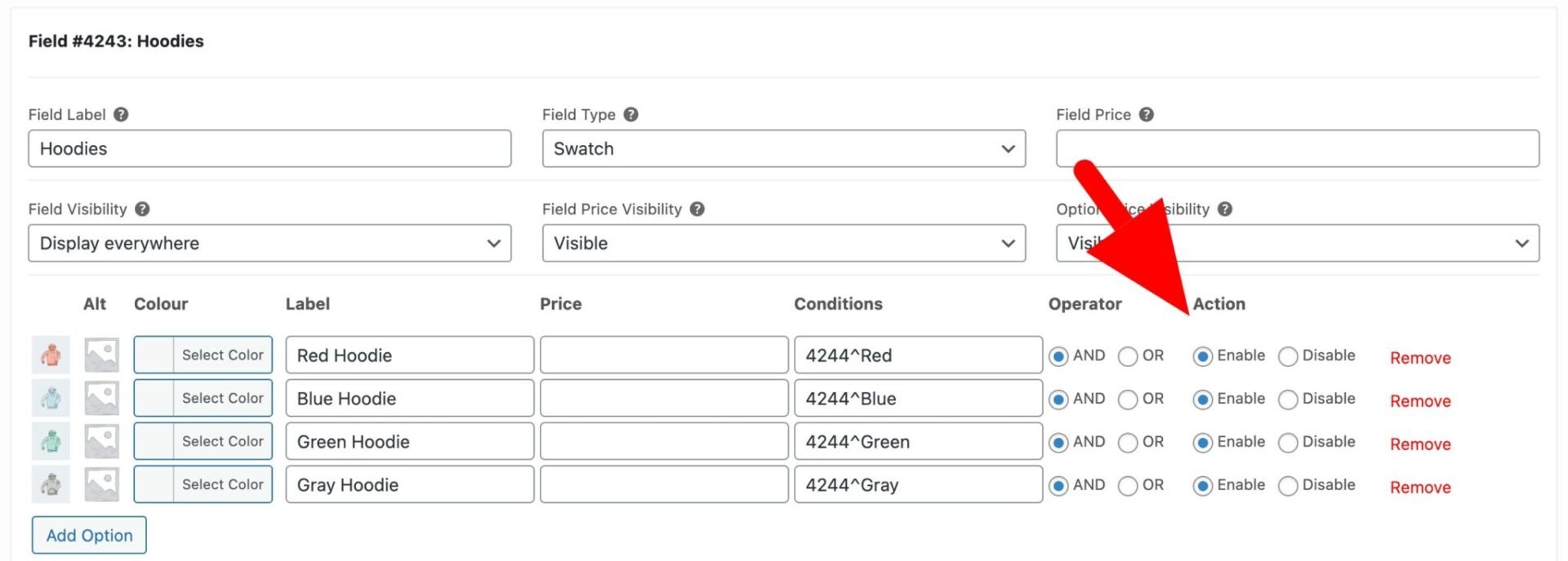 Action setting in option conditions