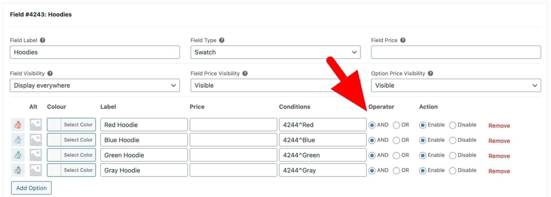 Operator setting in option conditions