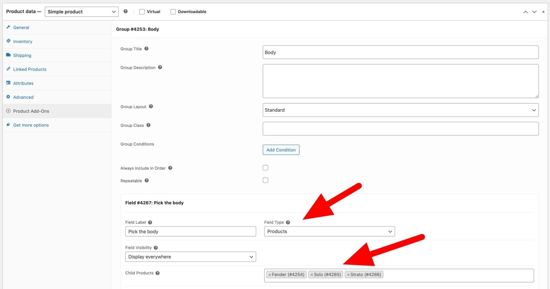 WooCommerce product components settings
