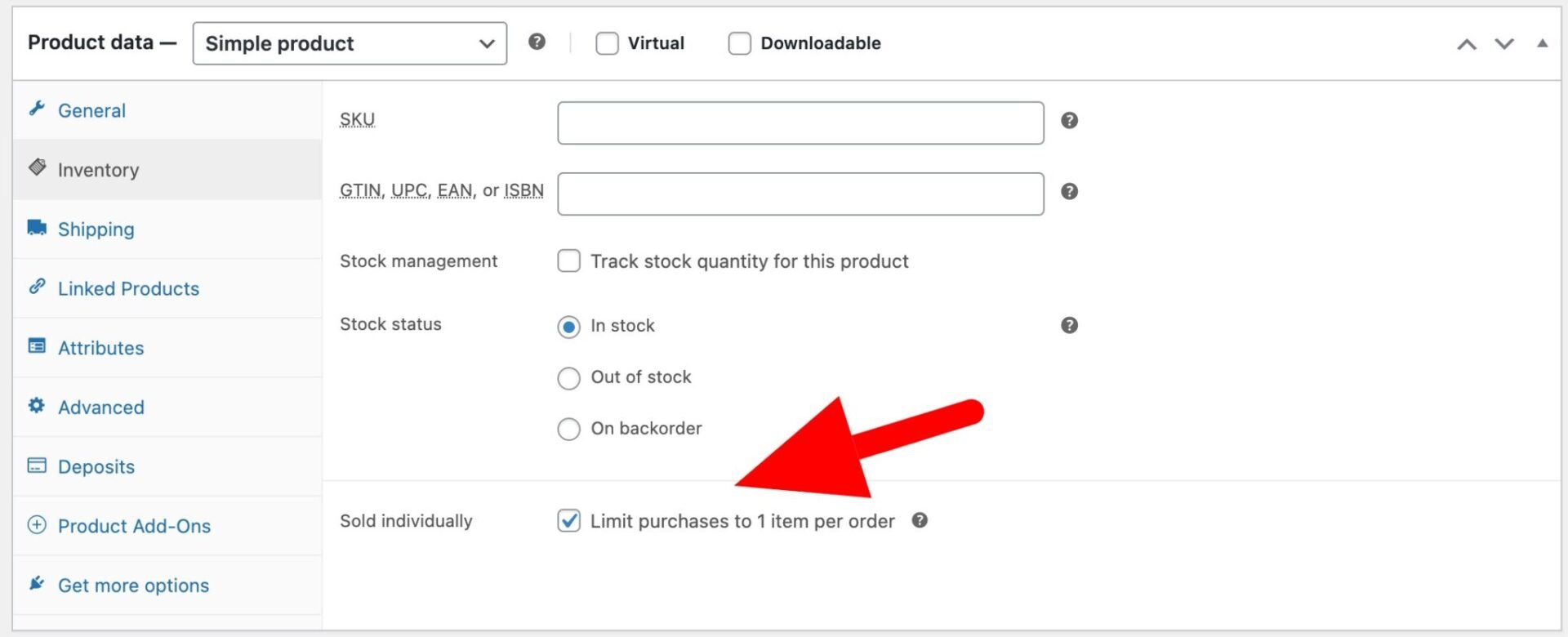 WooCommerce 'Sold individually' setting
