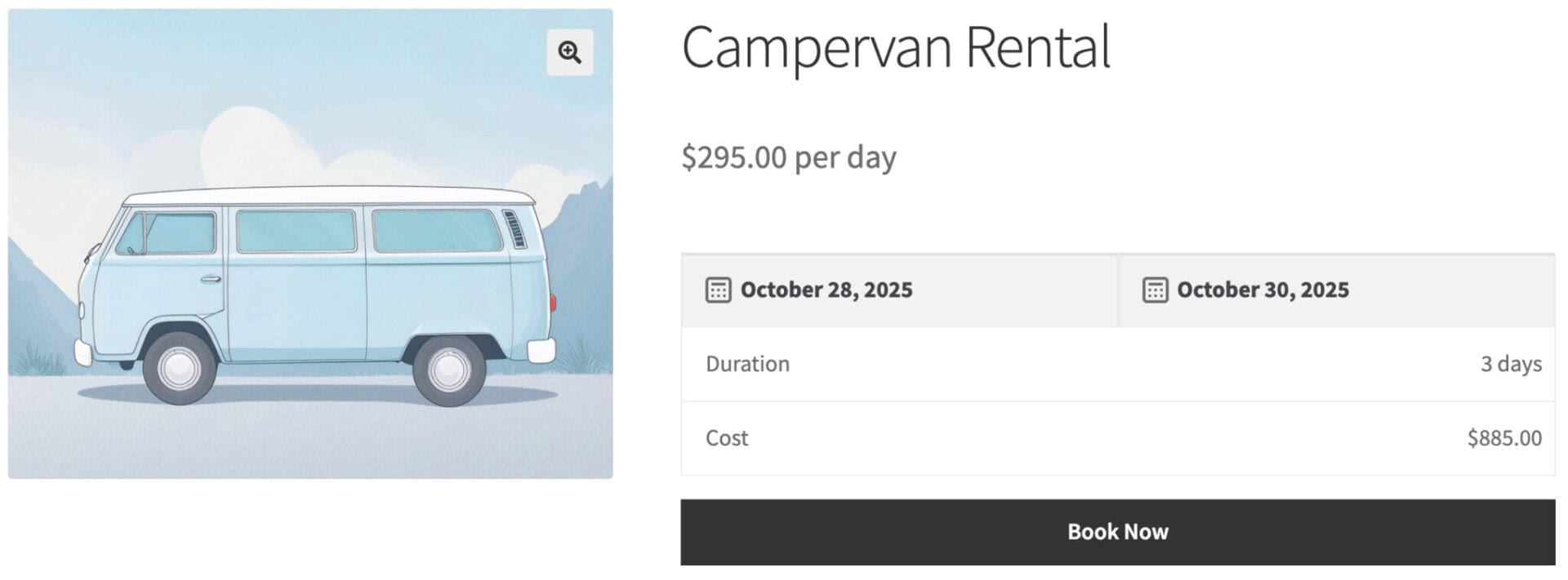 WooCommerce campervan product page