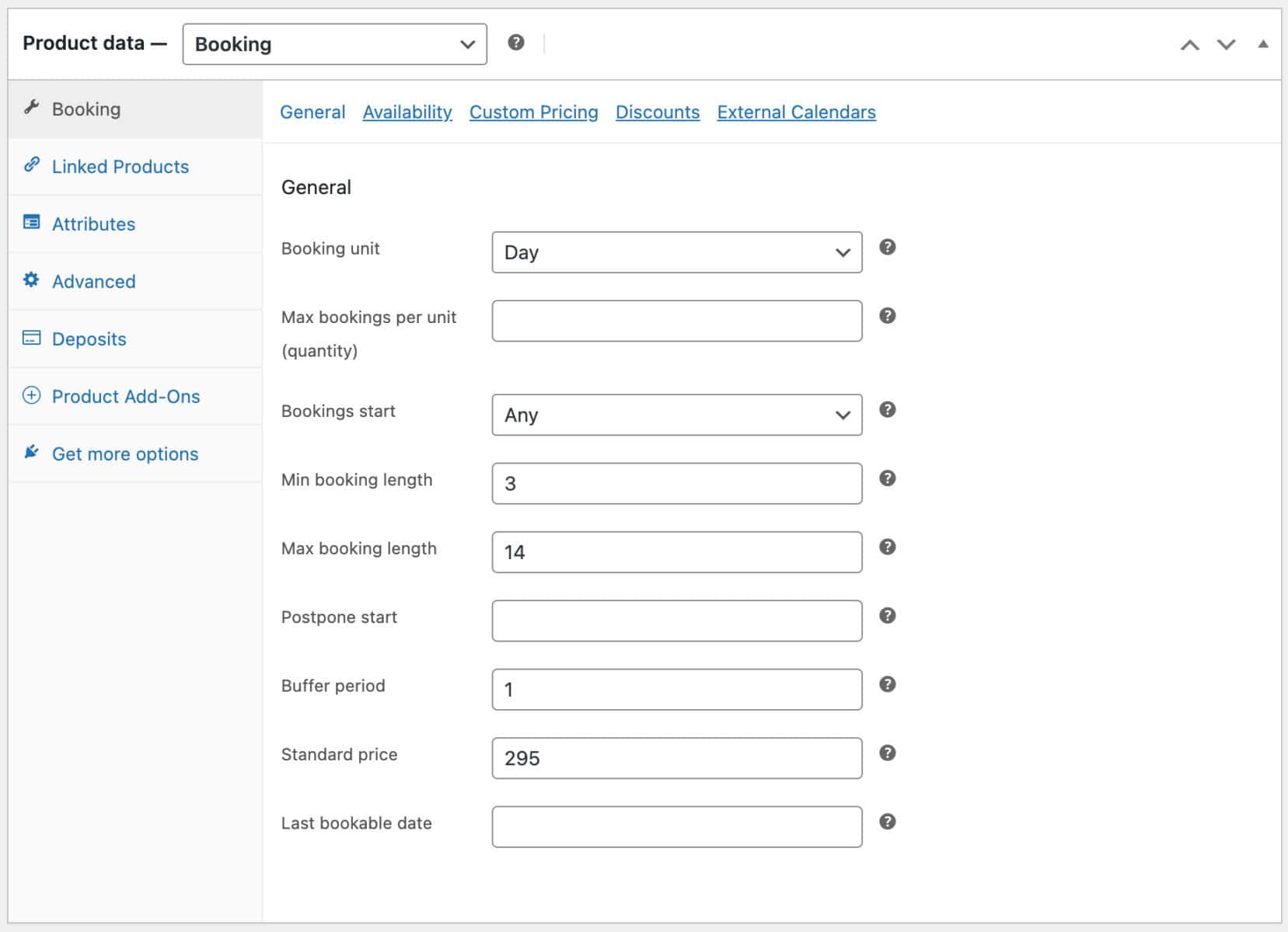 WooCommerce campervan rental product settings