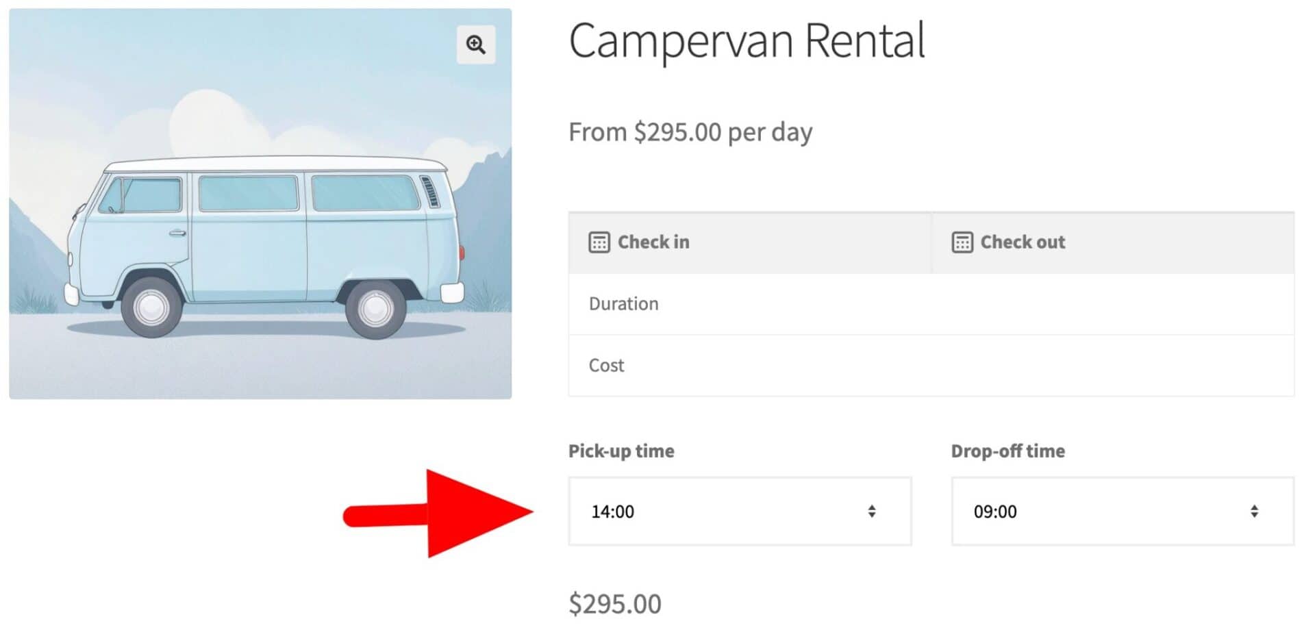 WooCommerce campervan rental collection and return times