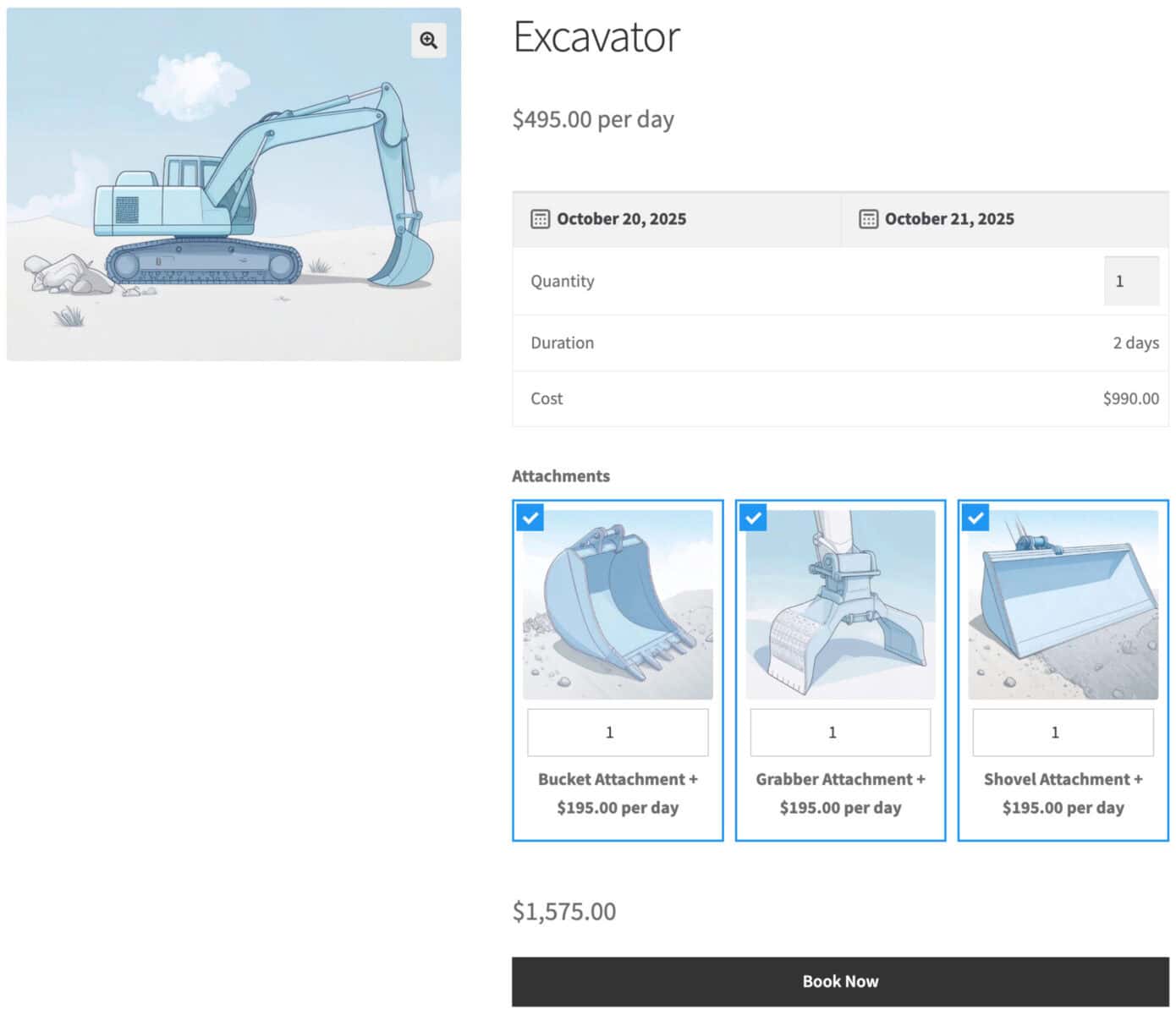 WooCommerce excavator hire - book multiple items to the same booking