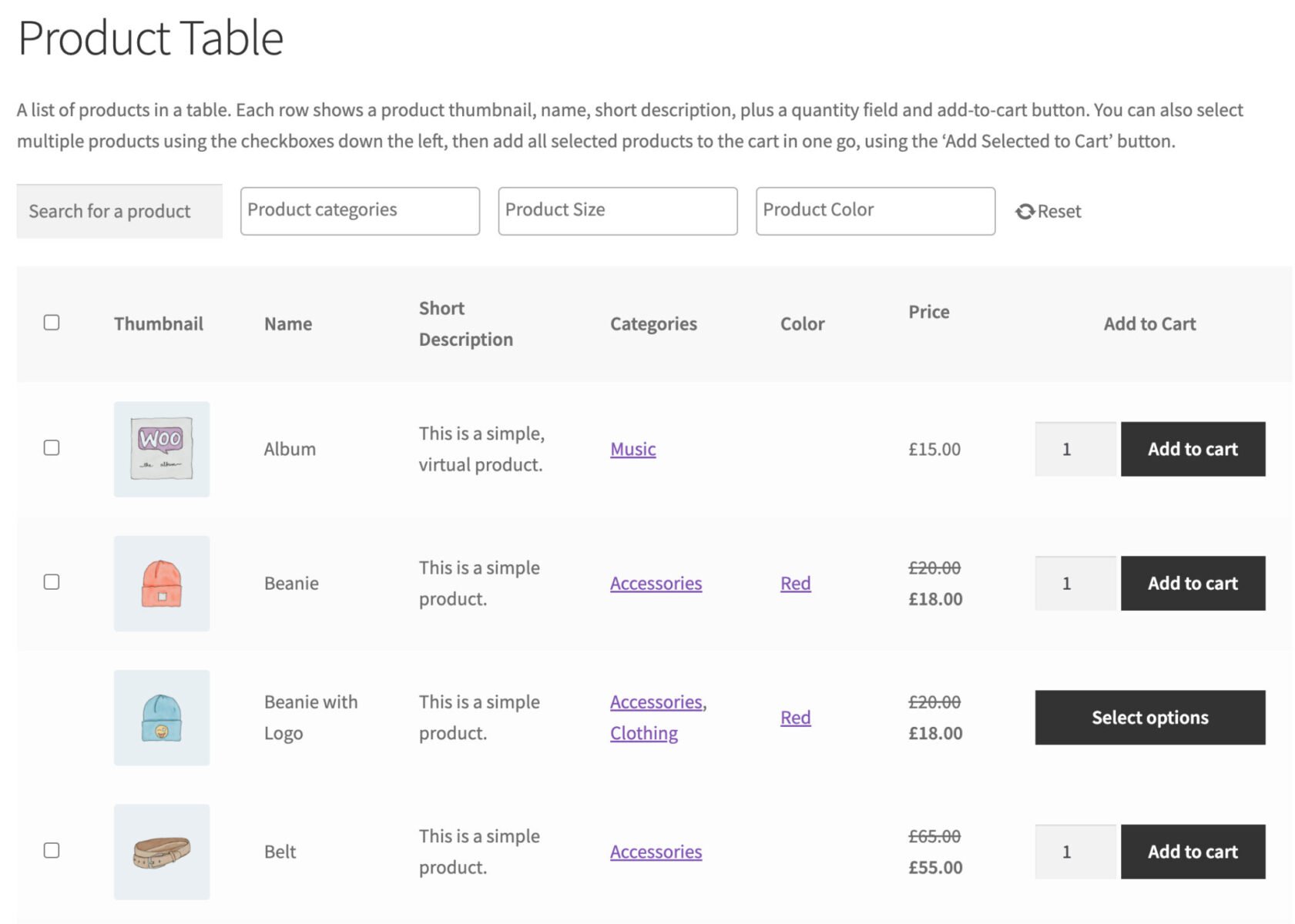 WooCommerce product table shortcode