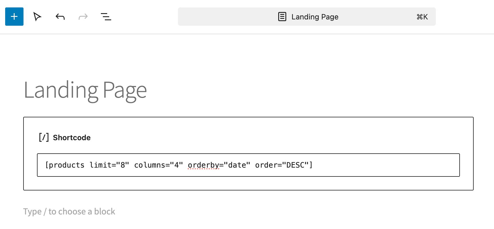 WooCommerce shortcode block example