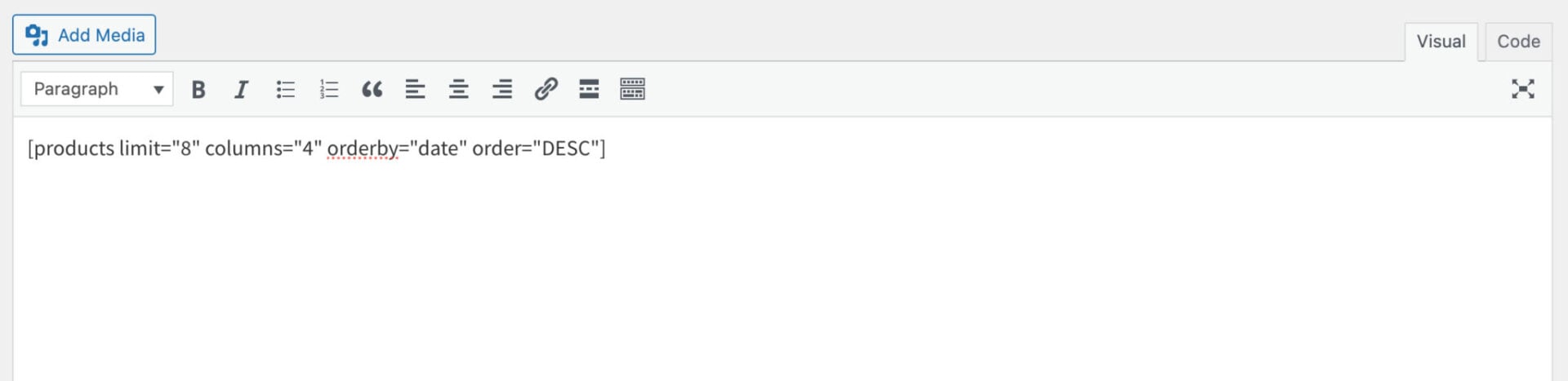 WooCommerce shortcode in the classic editor