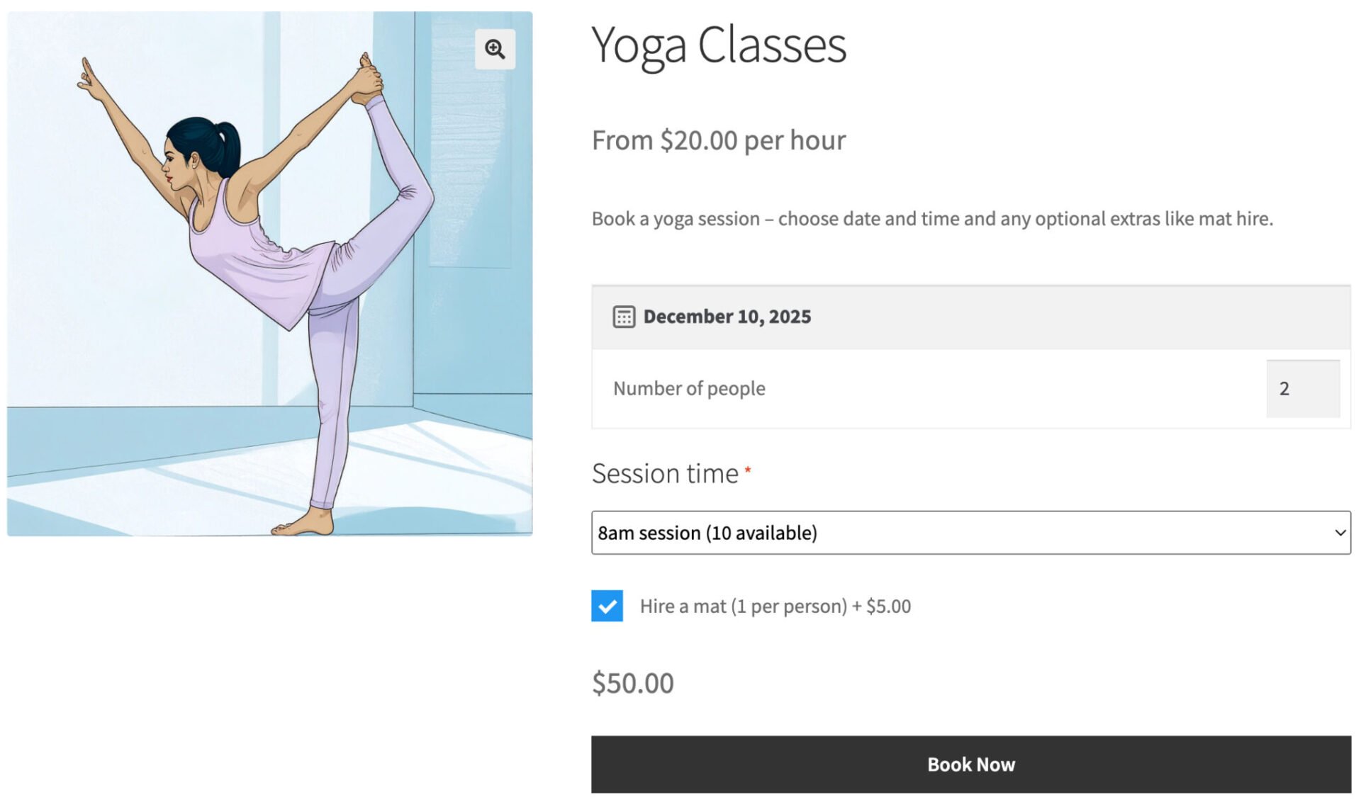 WooCommerce yoga classes product
