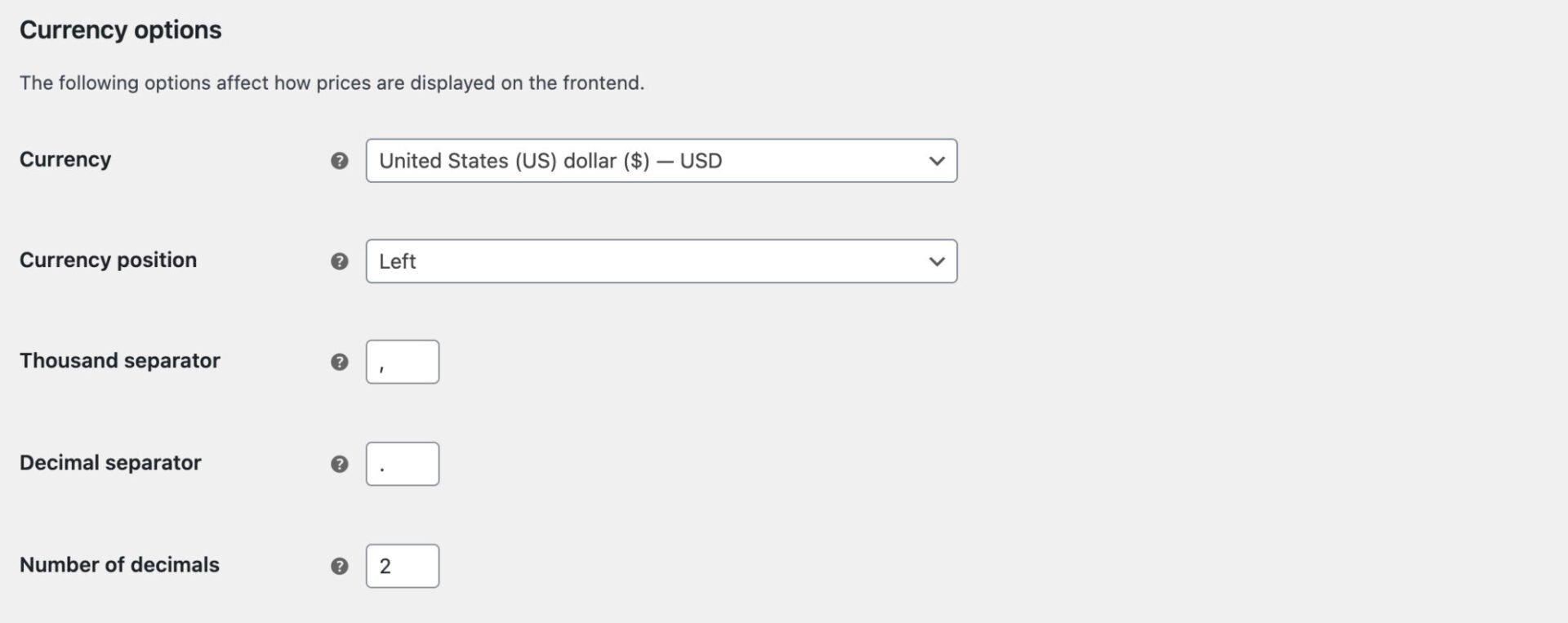 WooCommerce currency options