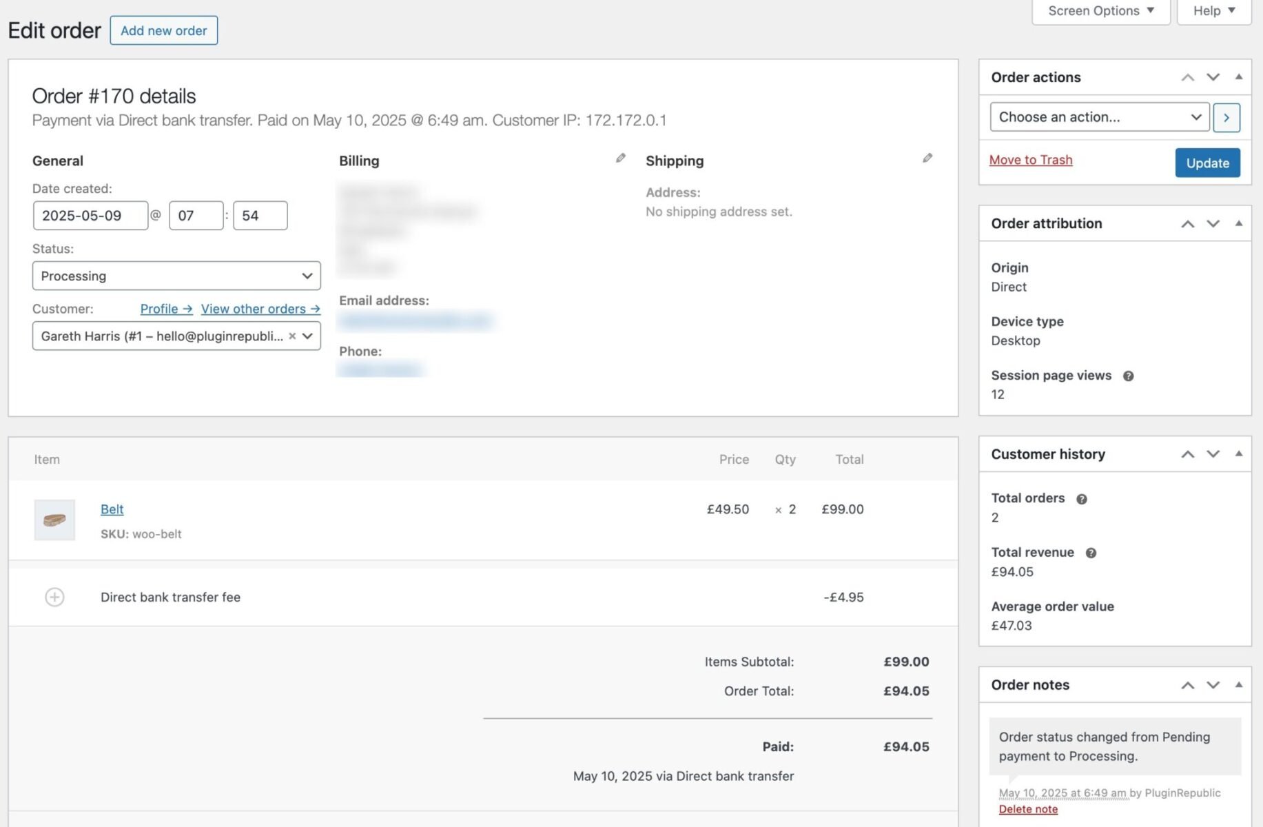 WooCommerce order screen