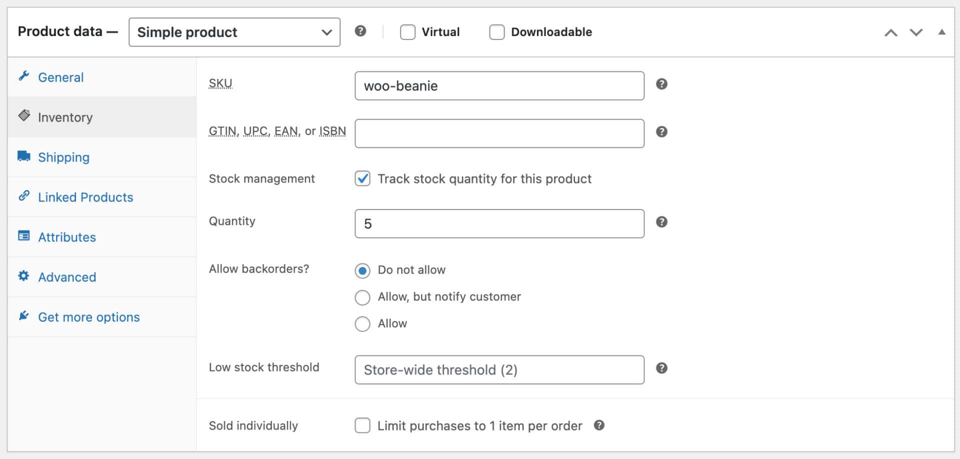 WooCommerce product inventory tavb