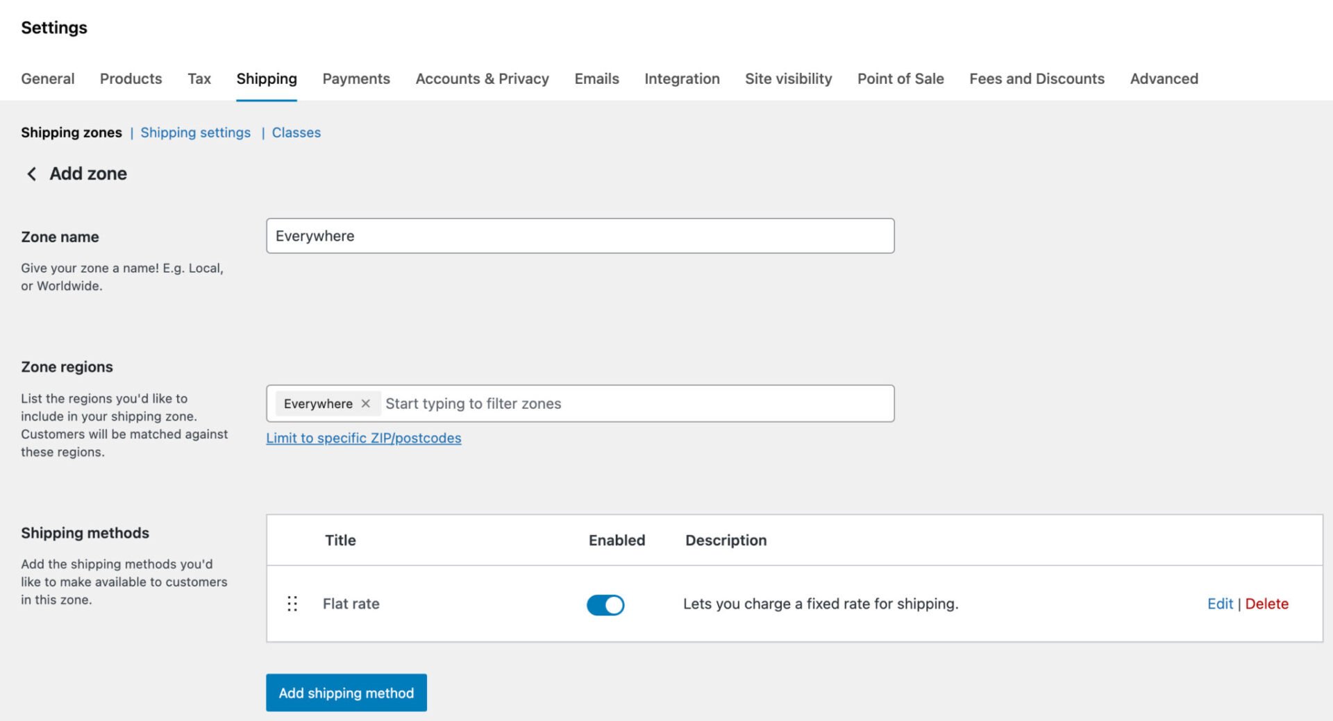 WooCommerce shipping zone settings