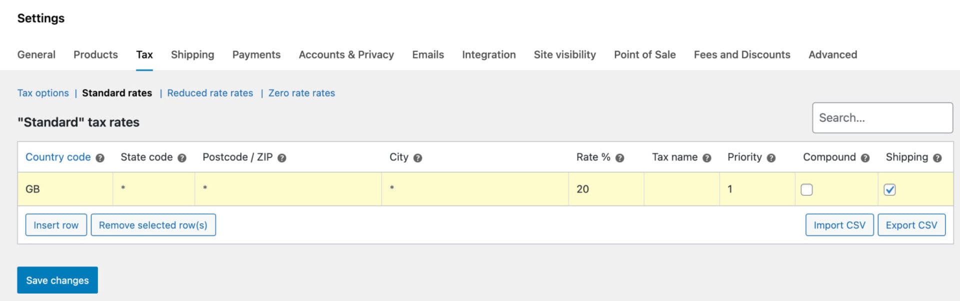WooCommerce standard tax rate settings