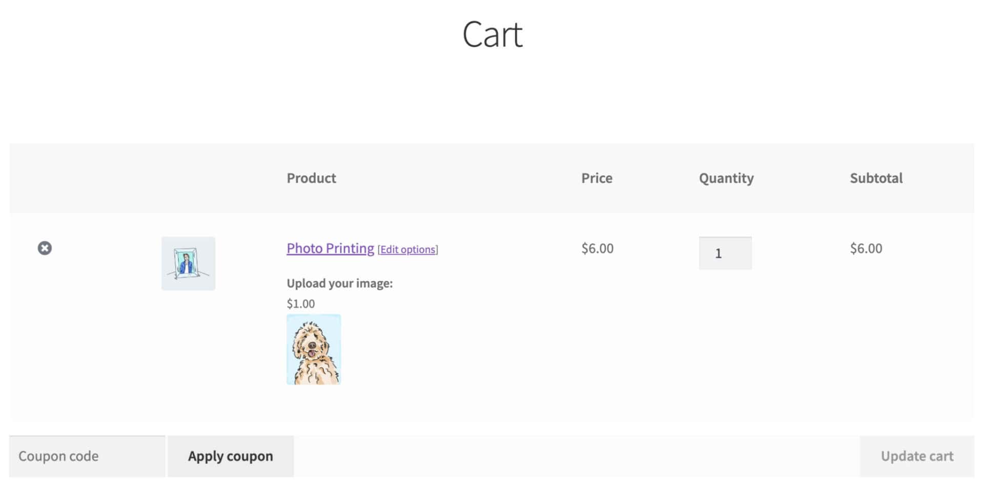 Uploaded image displayed in the cart and checkout