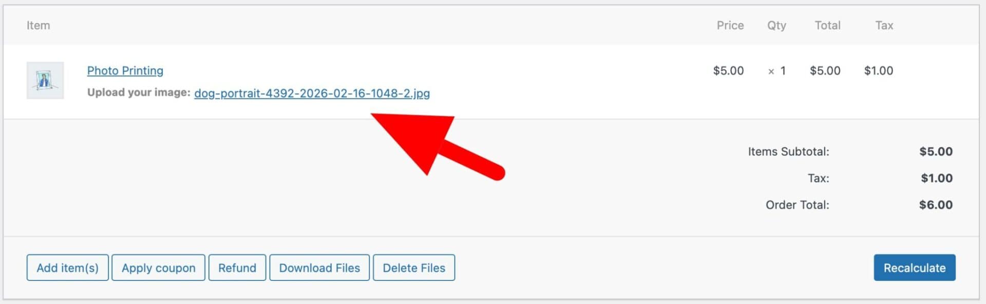 Image upload link in order page