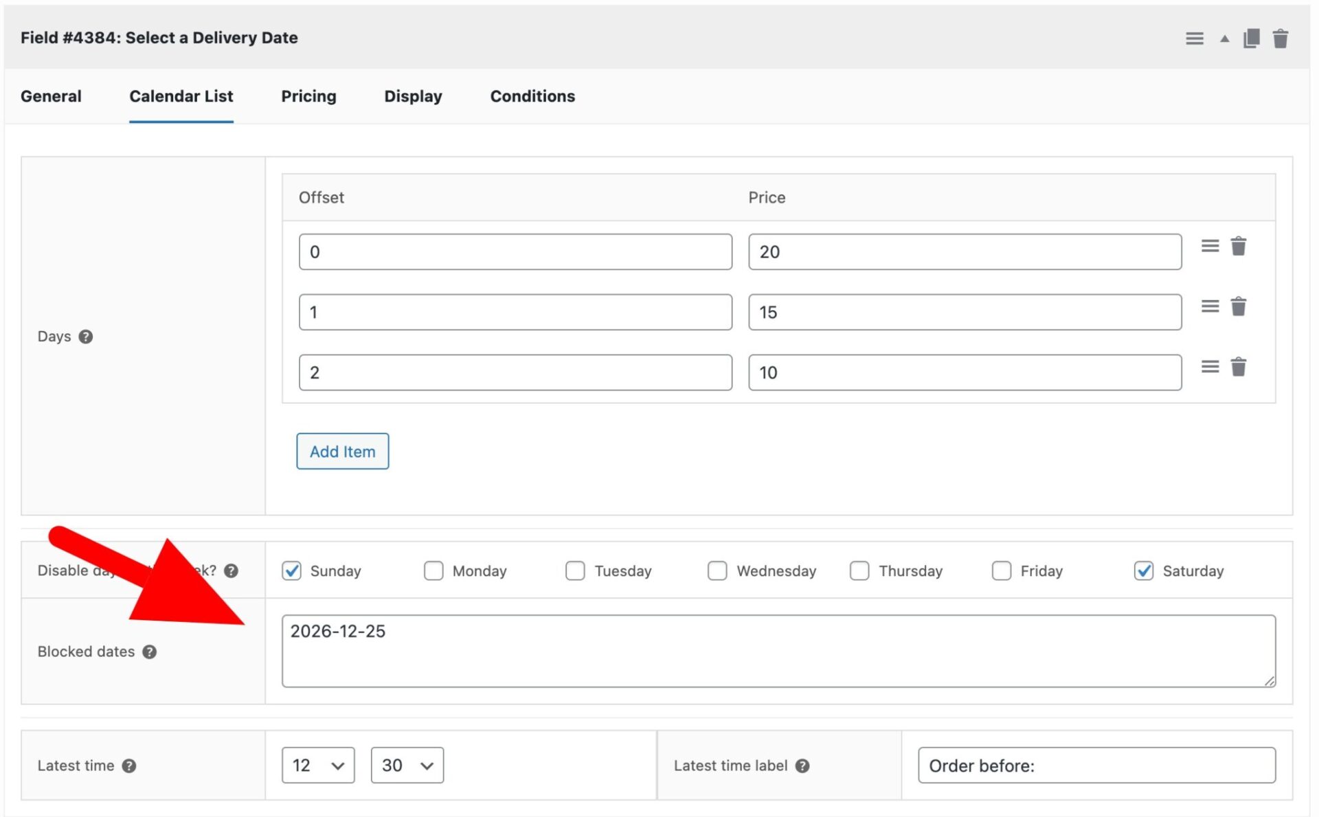 Blocked dates in calendar list field