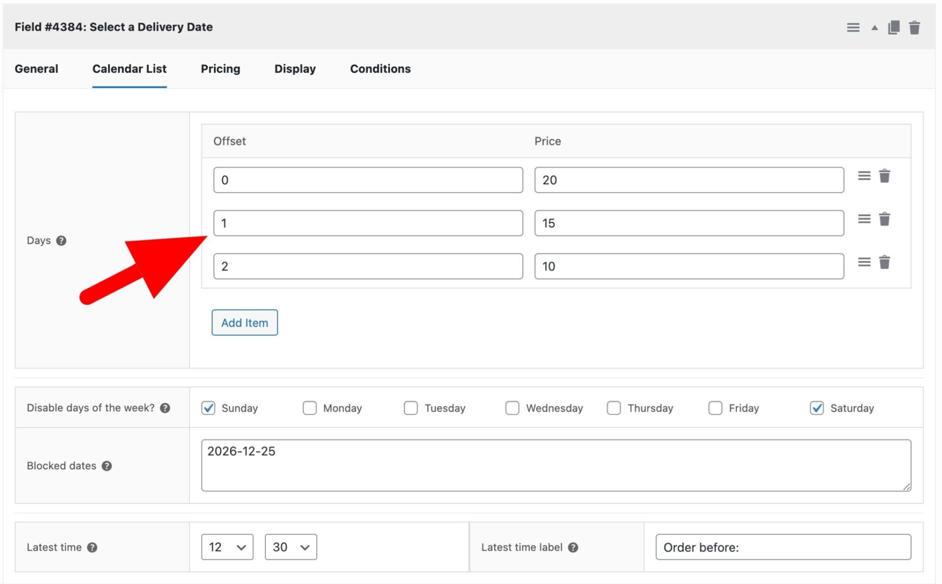 Calendar list offset setting