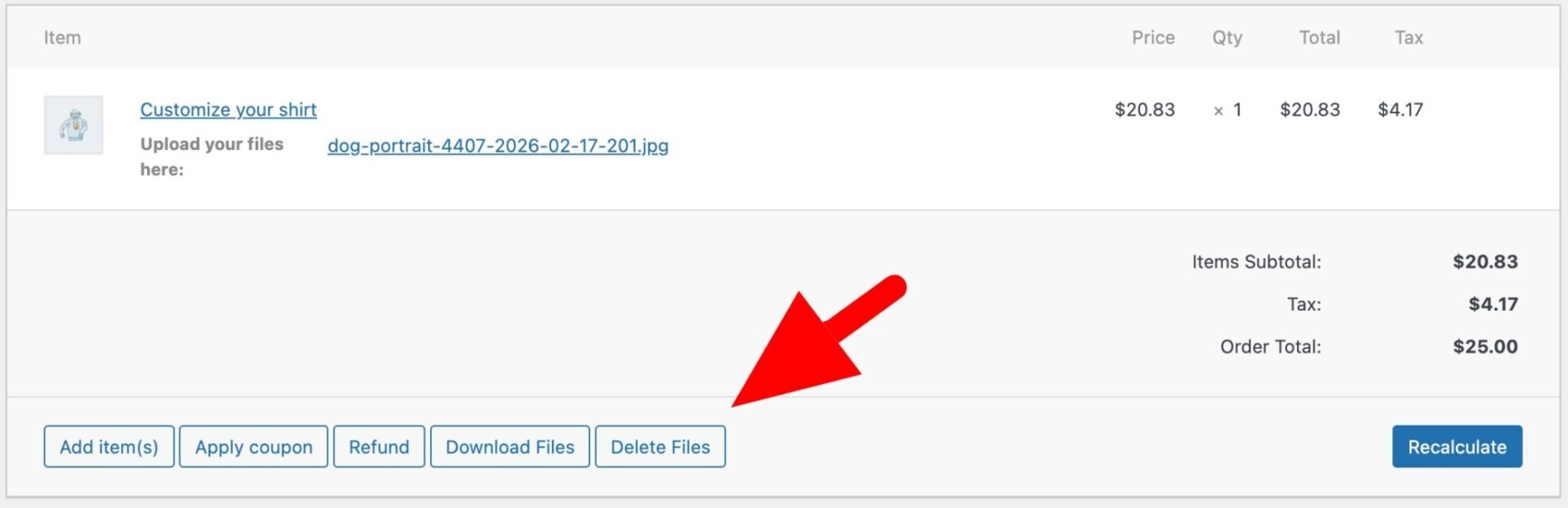 Delete uploaded files direct from the order screen