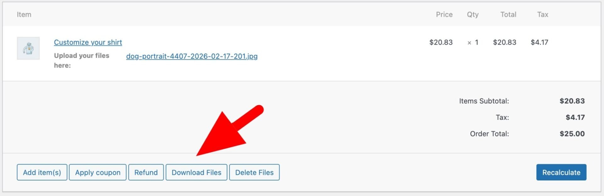 The Download Files button within the WooCommerce order page