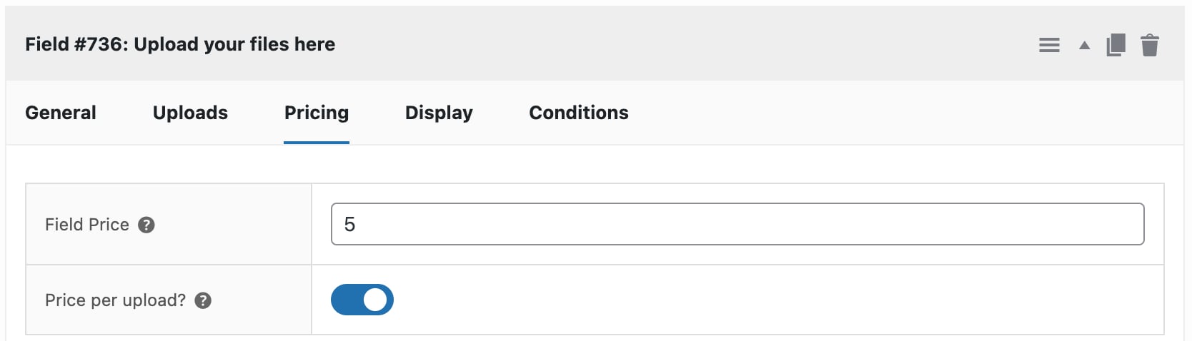 Price settings for file upload field