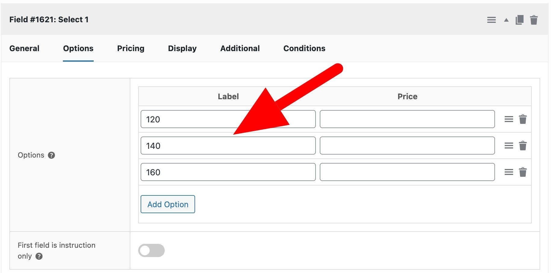 Numeric values in select field options