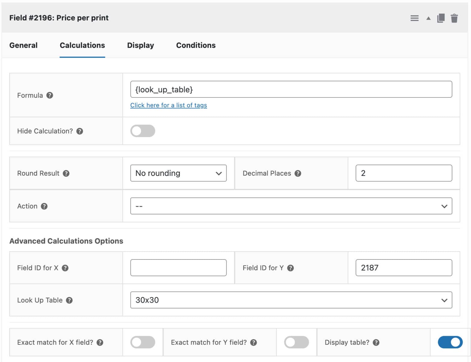 Get price through look up table