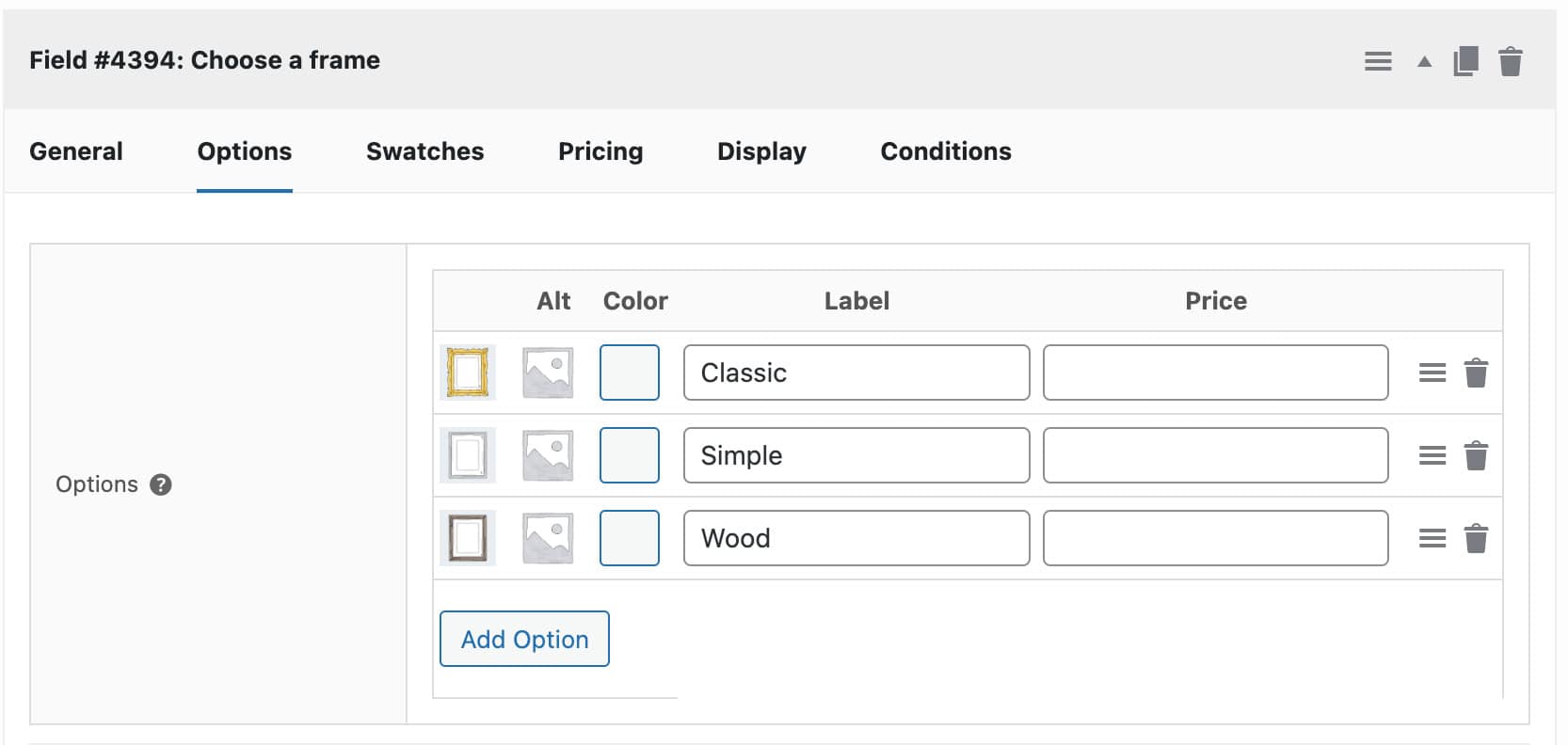 Swatch options for photo frames