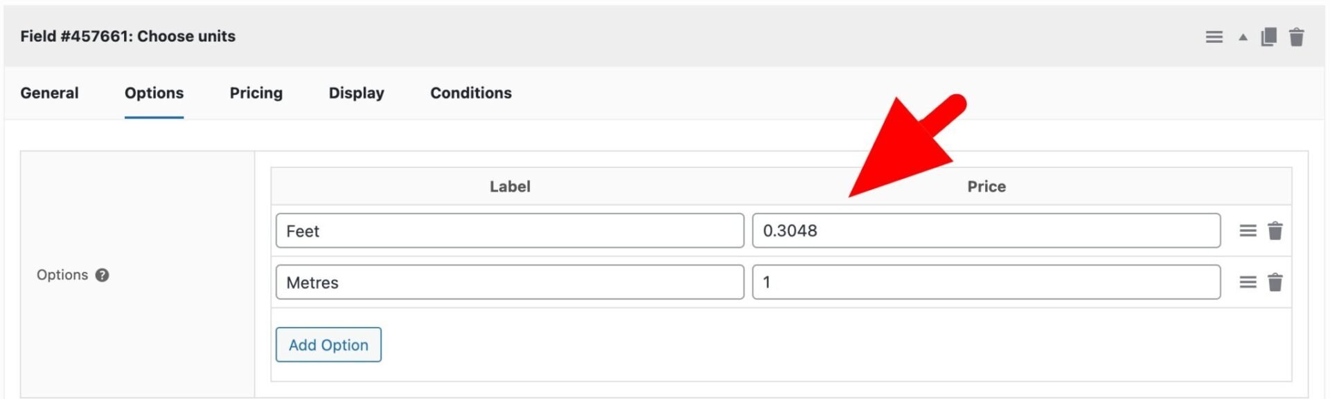 Setting for options including conversion rate from feet to metres