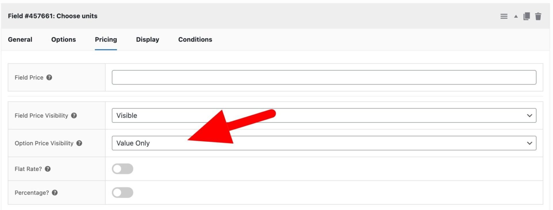 Setting for value only for options