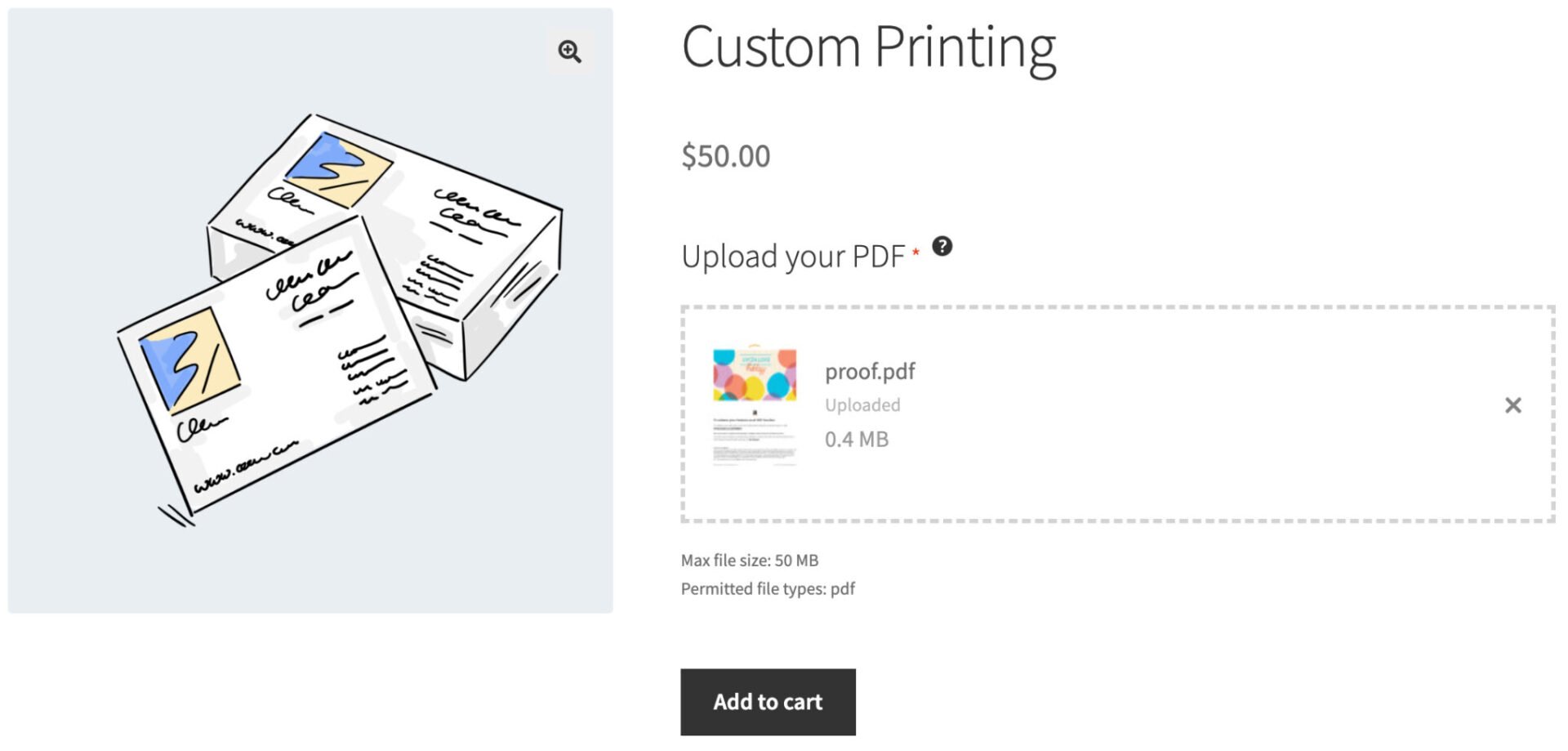WooCommerce product page showing uploaded PDF file with thumbnail