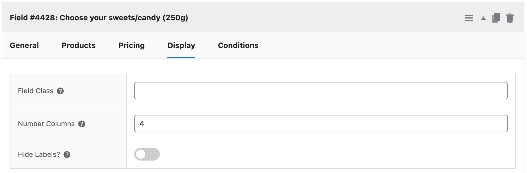 Display tab for pick and mix options