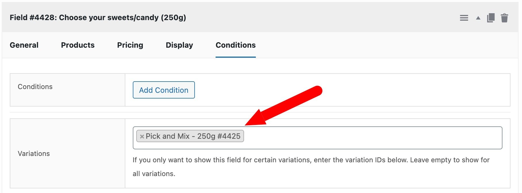 Set the field to display when a variation is selected