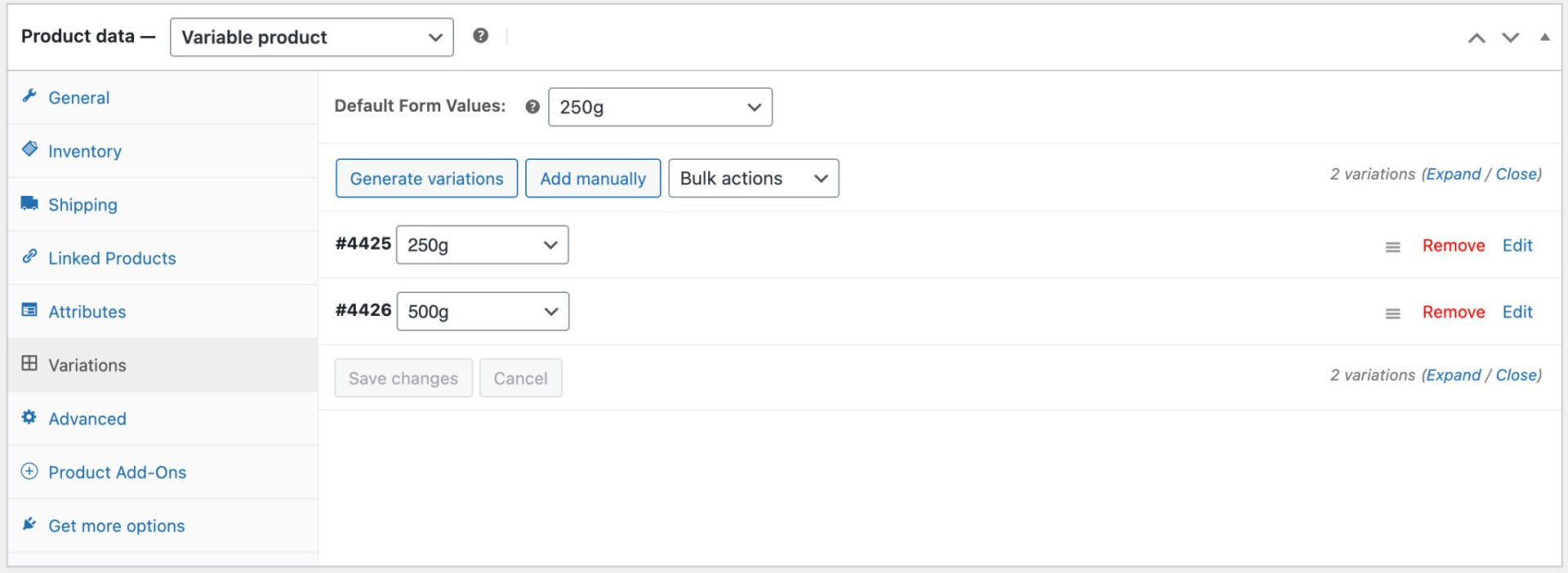 WooCommerce variations setting