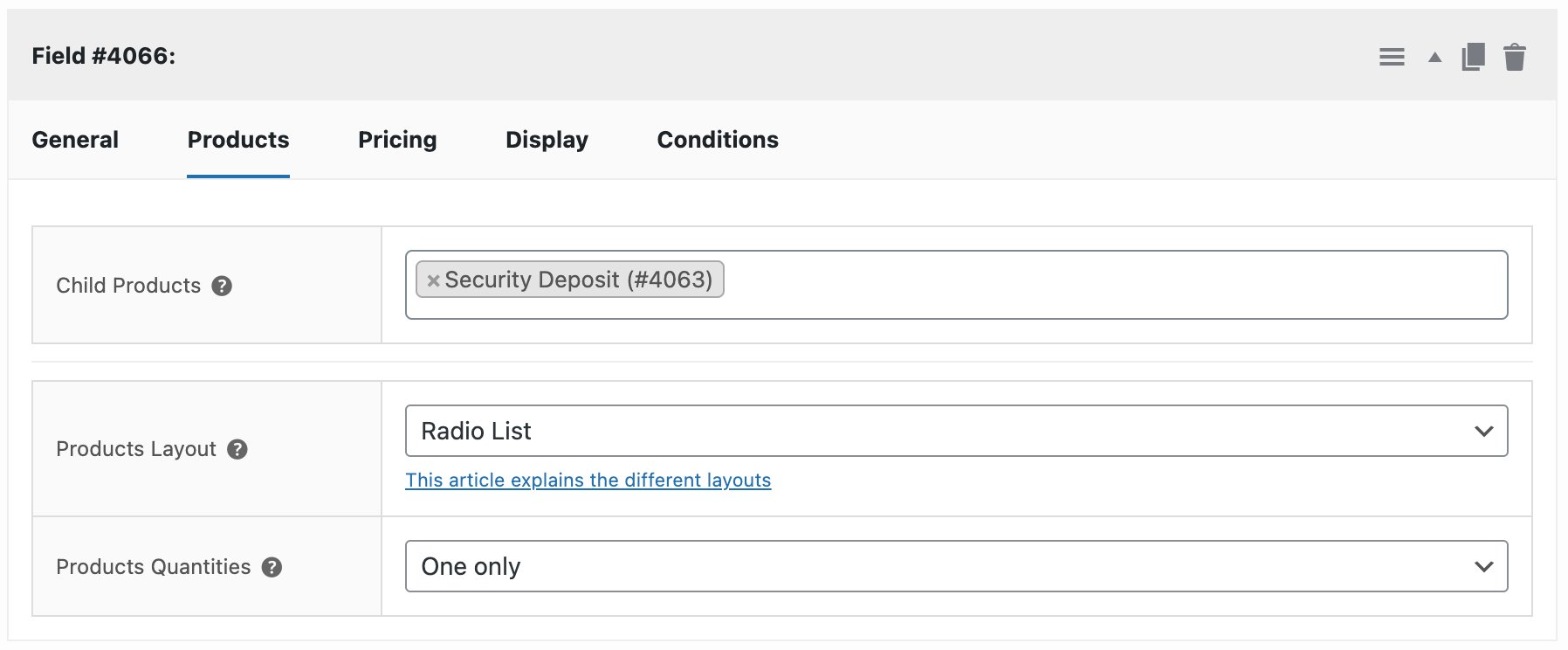 The 'Products' tab for the child products field