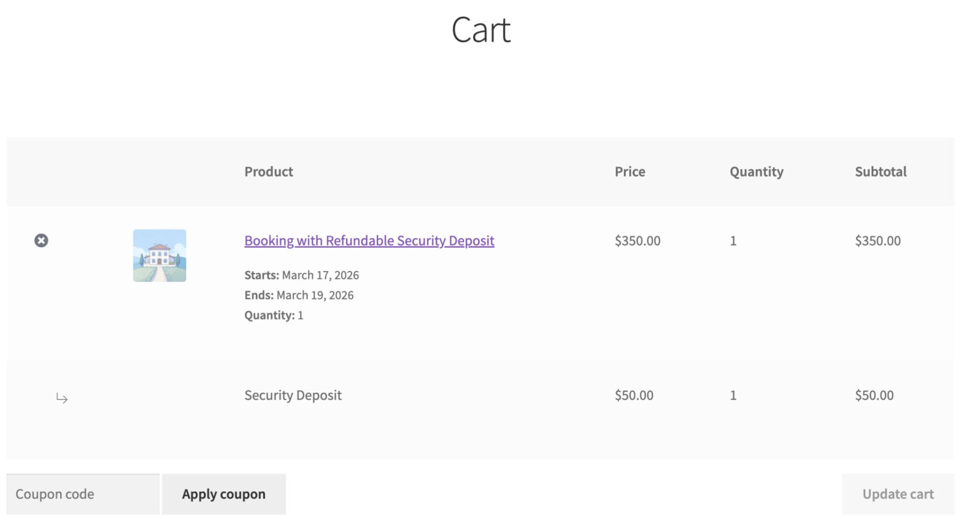 Security deposit for rental in WooCommerce cart