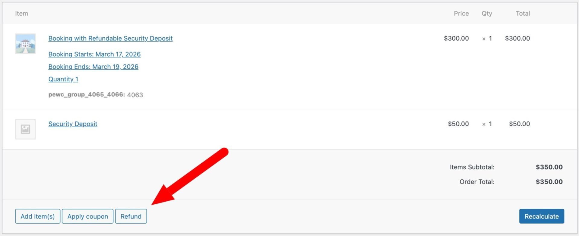 How to refund a security deposit from the WooCommerce orders screen