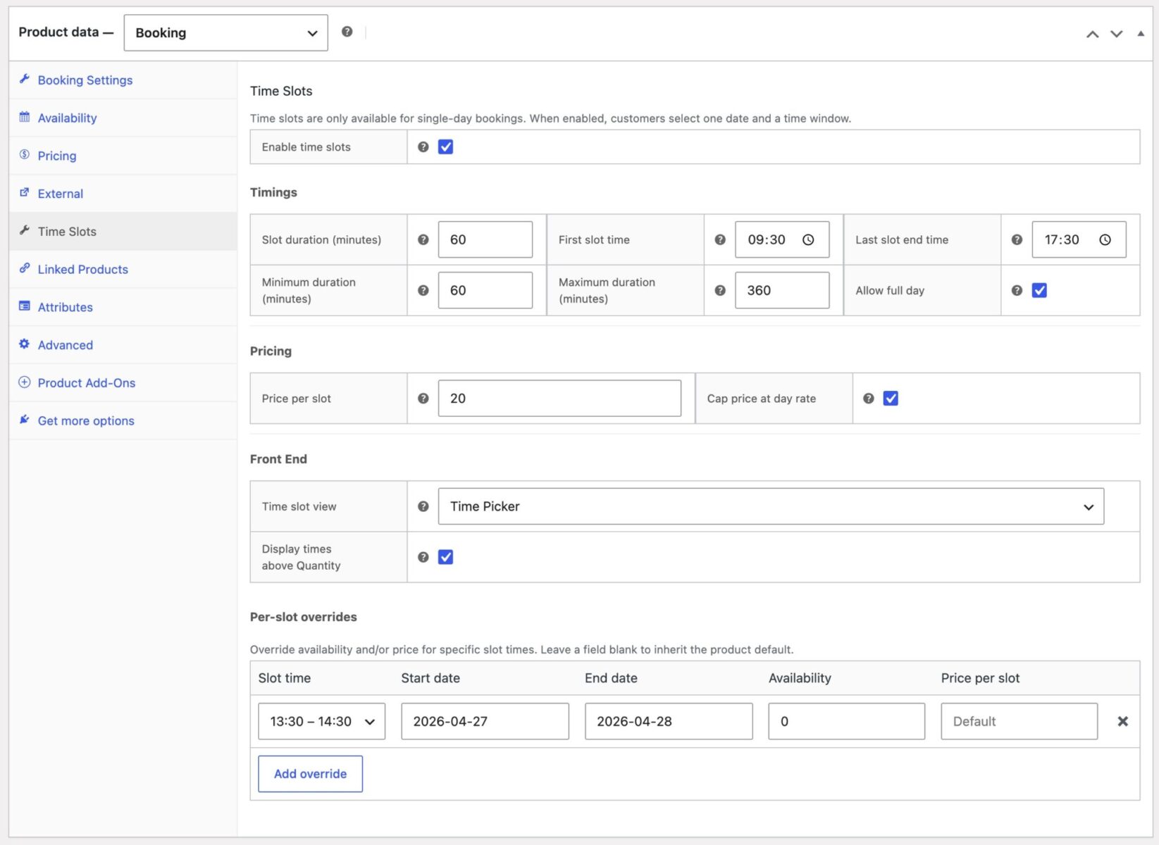 Settings tab for Time Slots in Bookings for WooCommerce