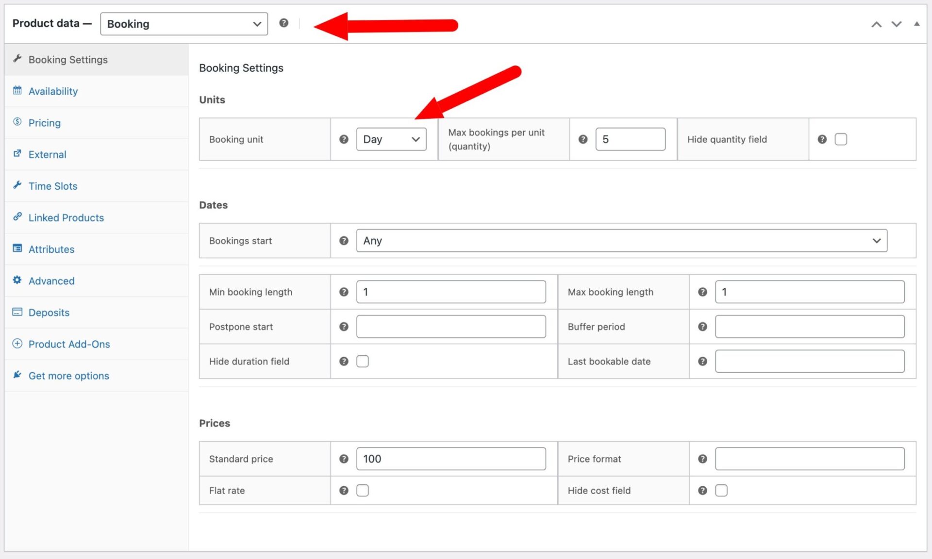 Booking settings for WooCommerce boat hire