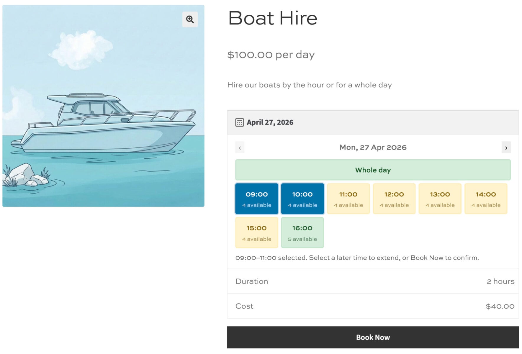 WooCommerce product page for booking a boat hire
