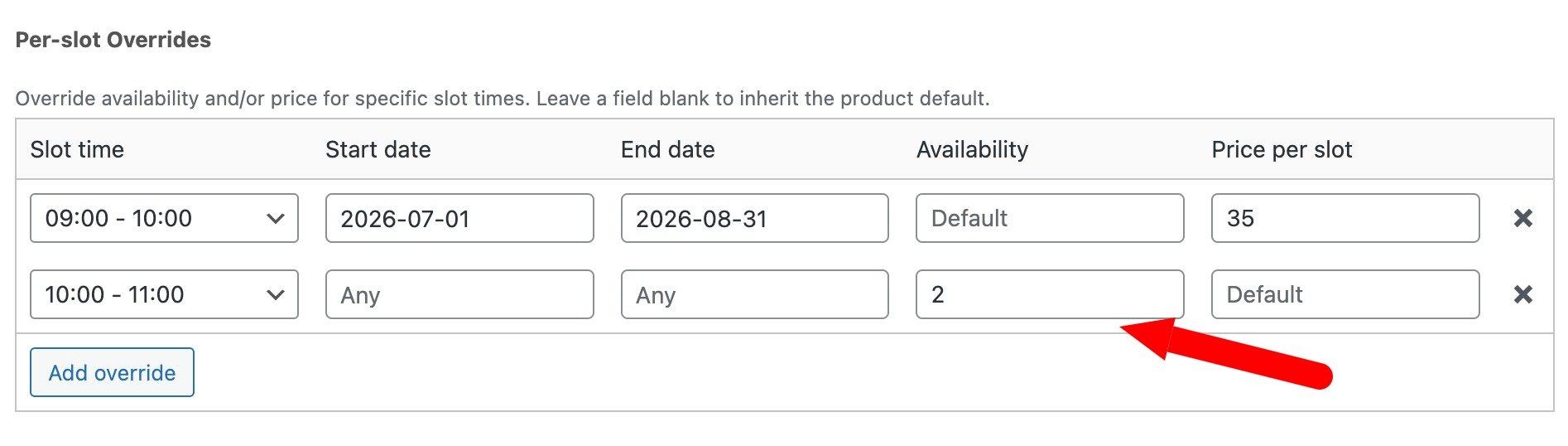 How to adjust availability per time slot