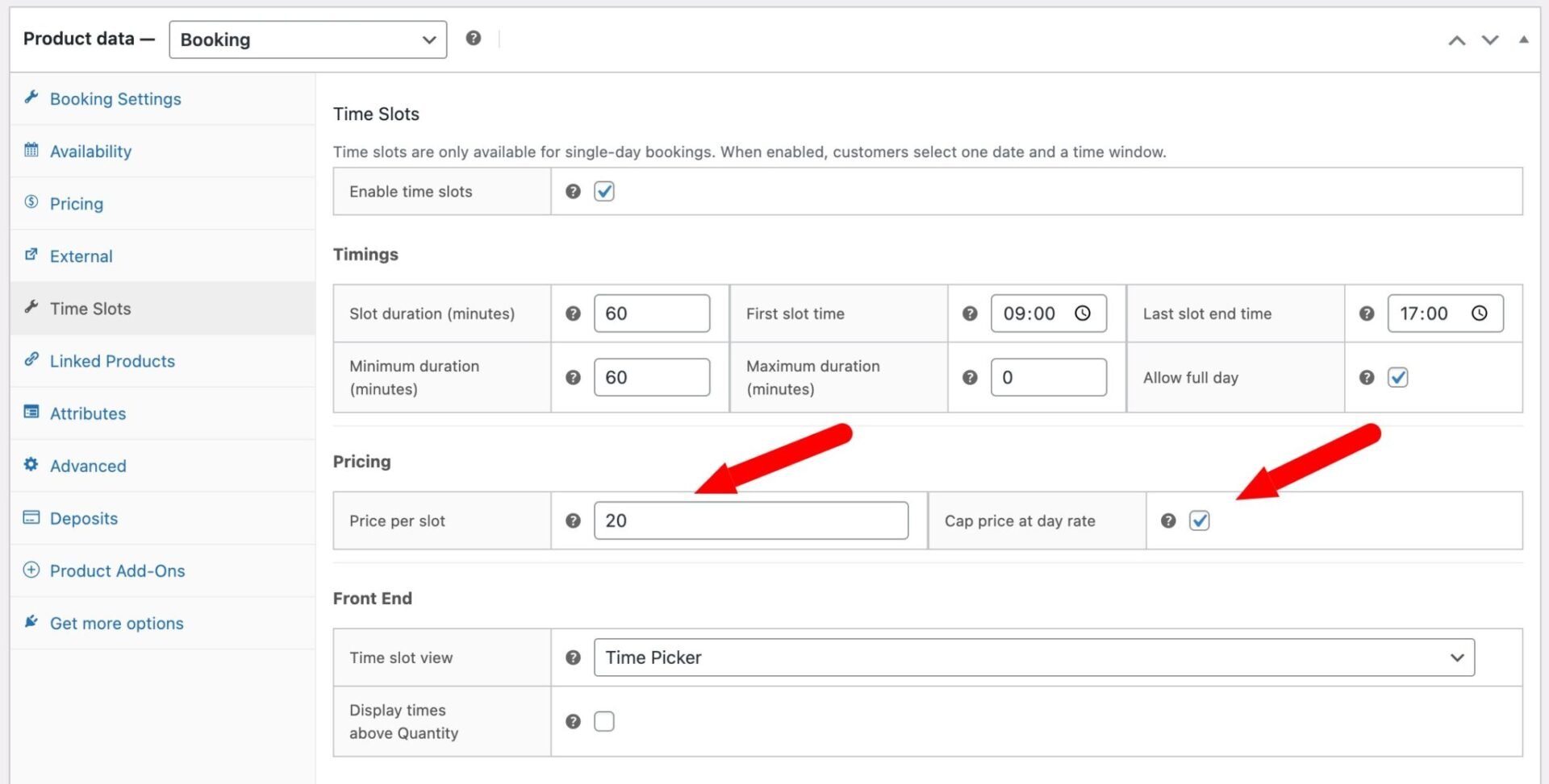 Prices per time slot
