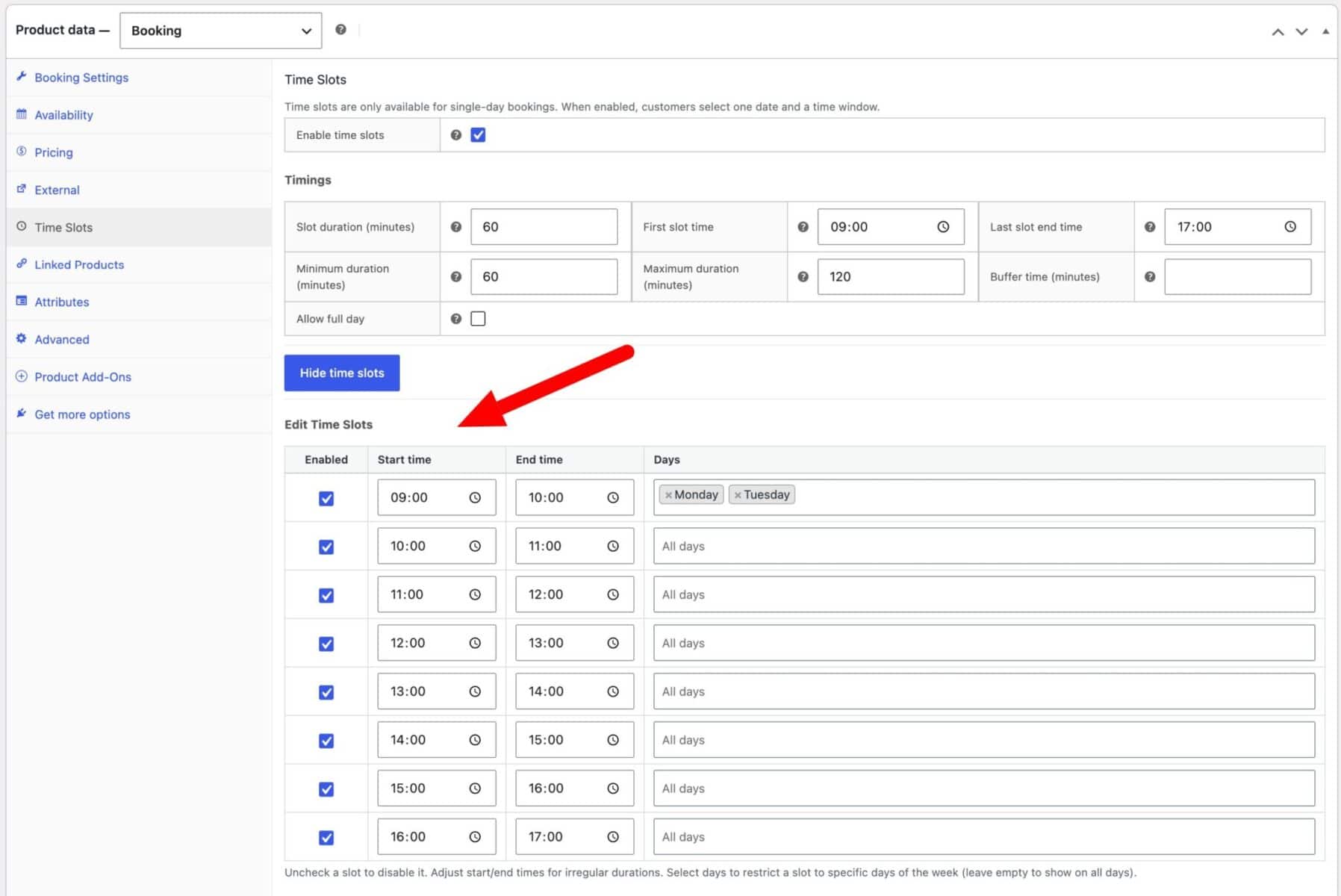 Settings for irregular time slots in WooCommerce bookings