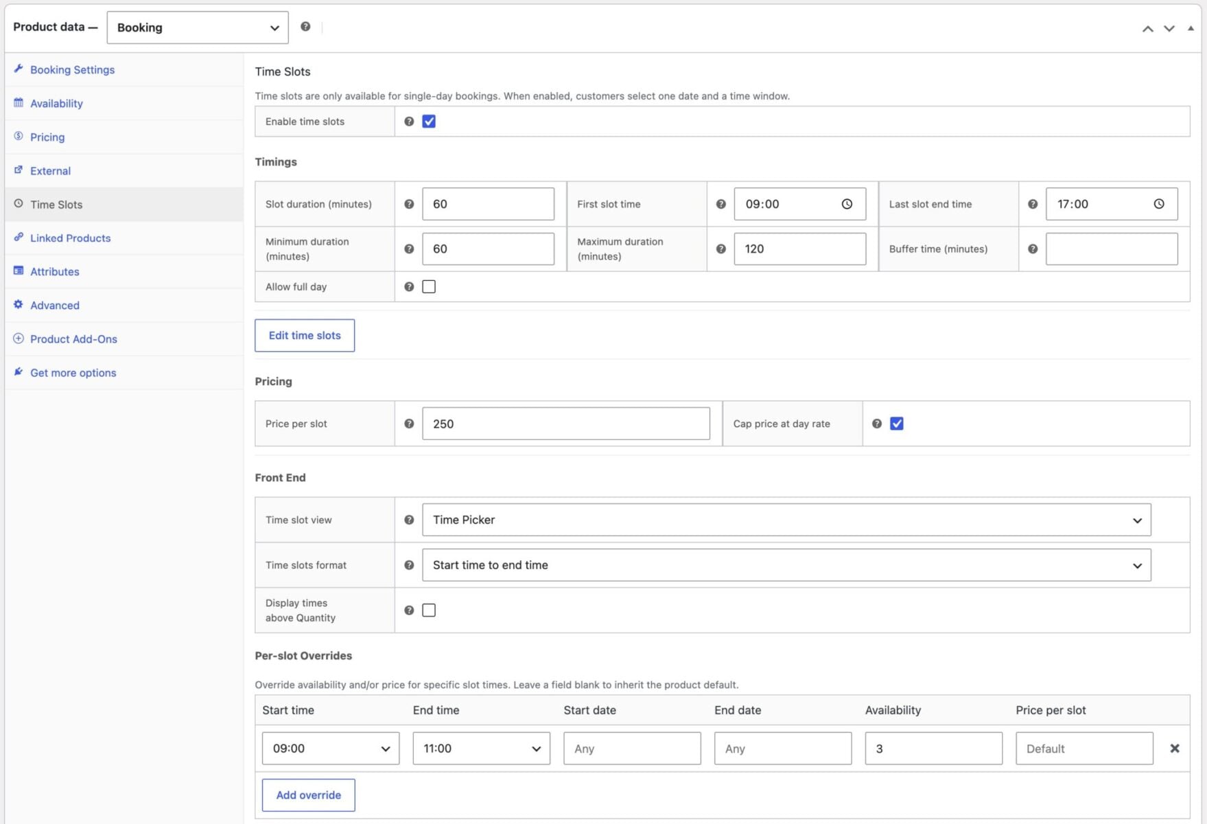 Settings tab for Time Slots in Bookings for WooCommerce