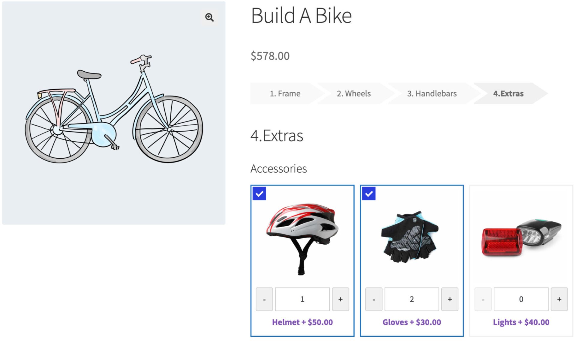 Example layout for WooCommerce composite products with multiple selection and quantity fields