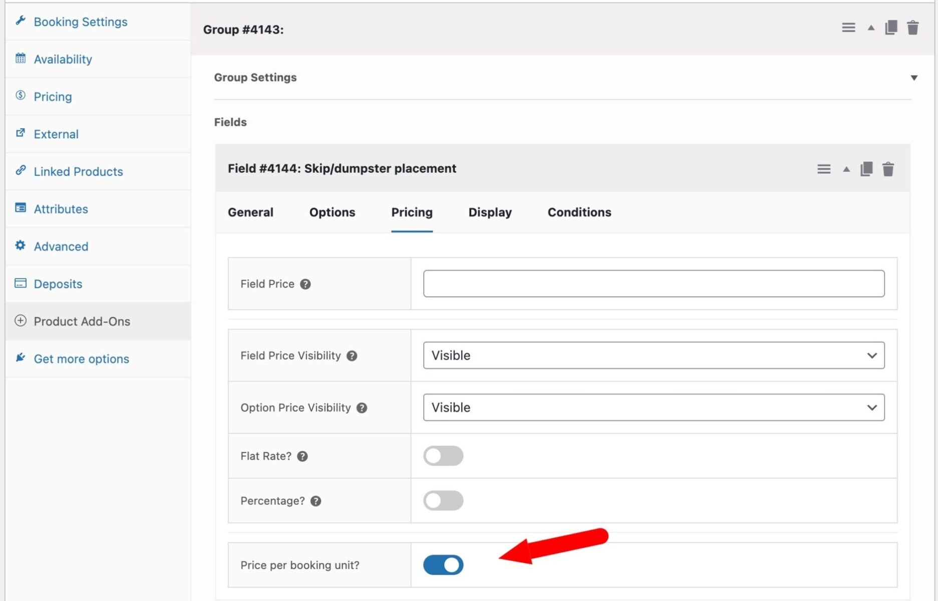 Price per booking unit for skip/dumpster hire