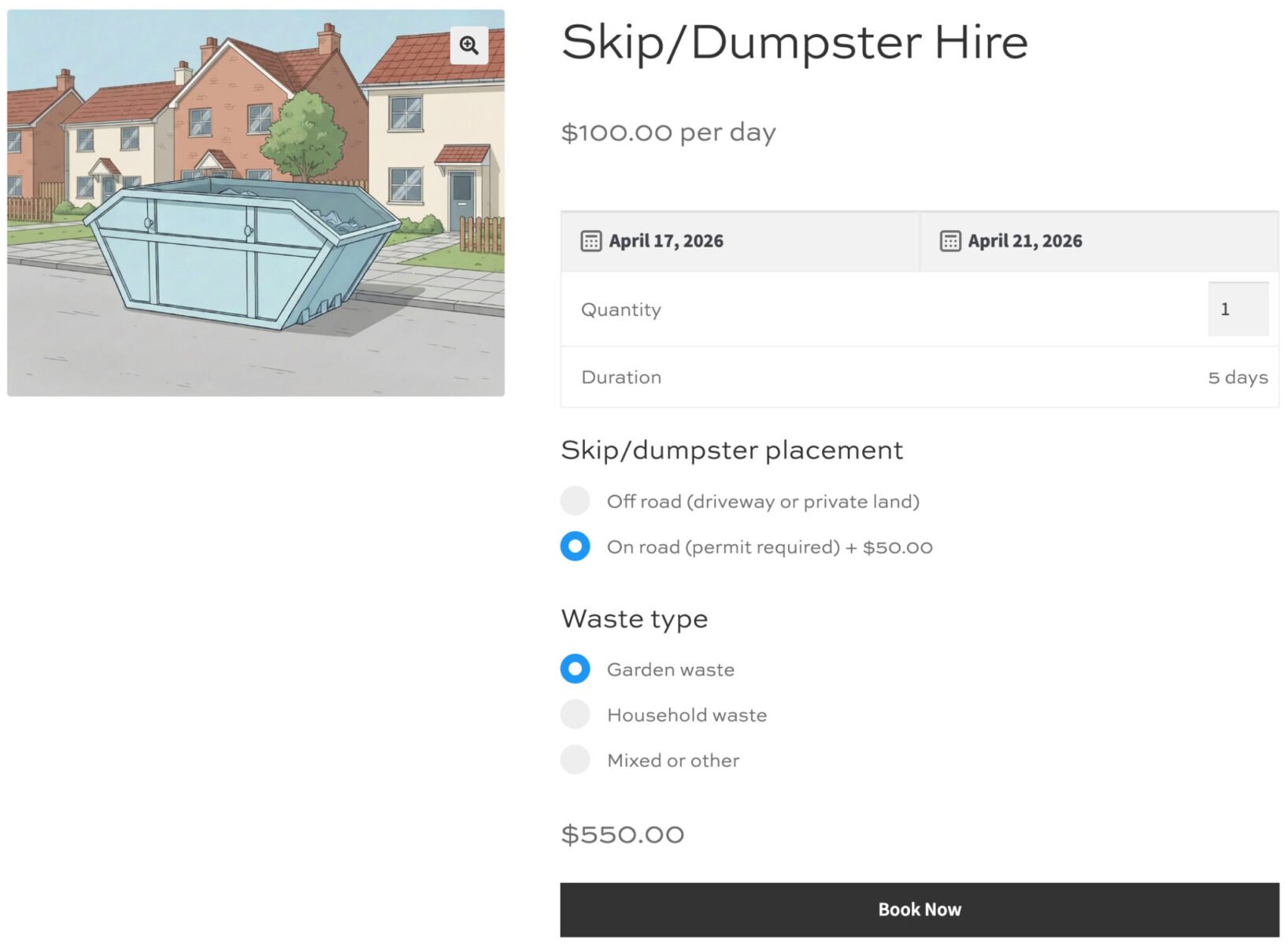 WooCommerce skip/dumpster hire product page