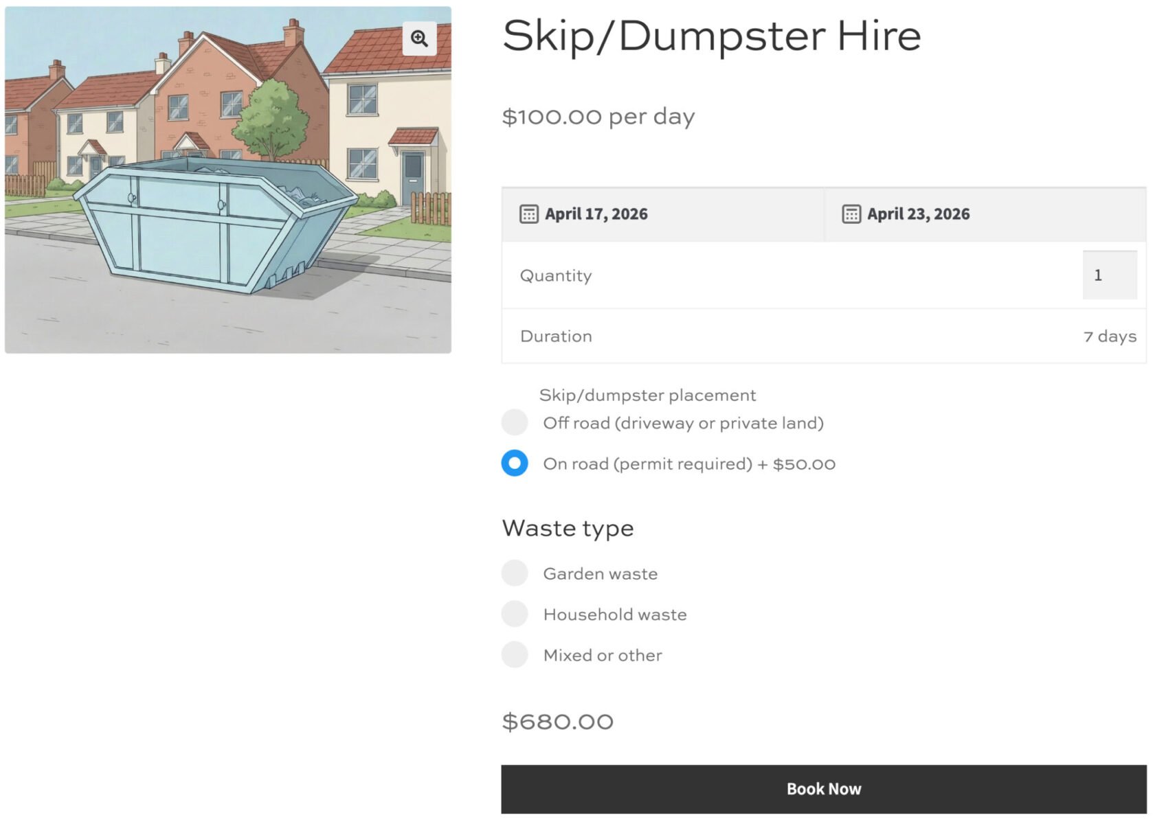 WooCommerce skip/dumpster product page showing pricing with discount
