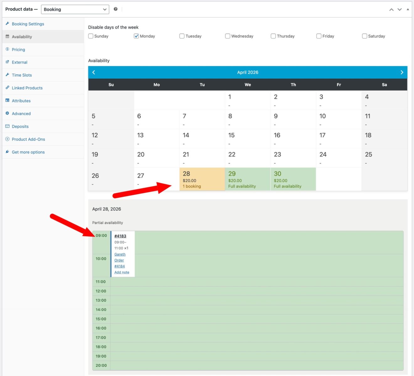 Availability calendar for yoga bookings