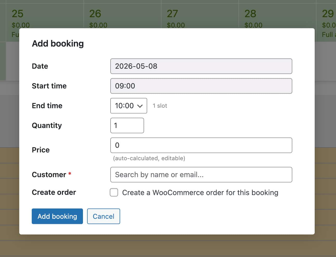 Modal window to add a booking