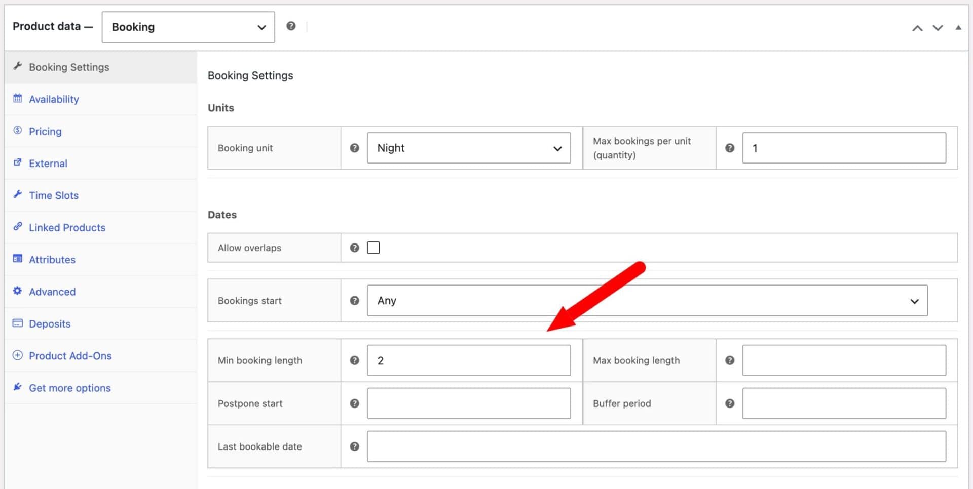 Setting for booking dates and max availability